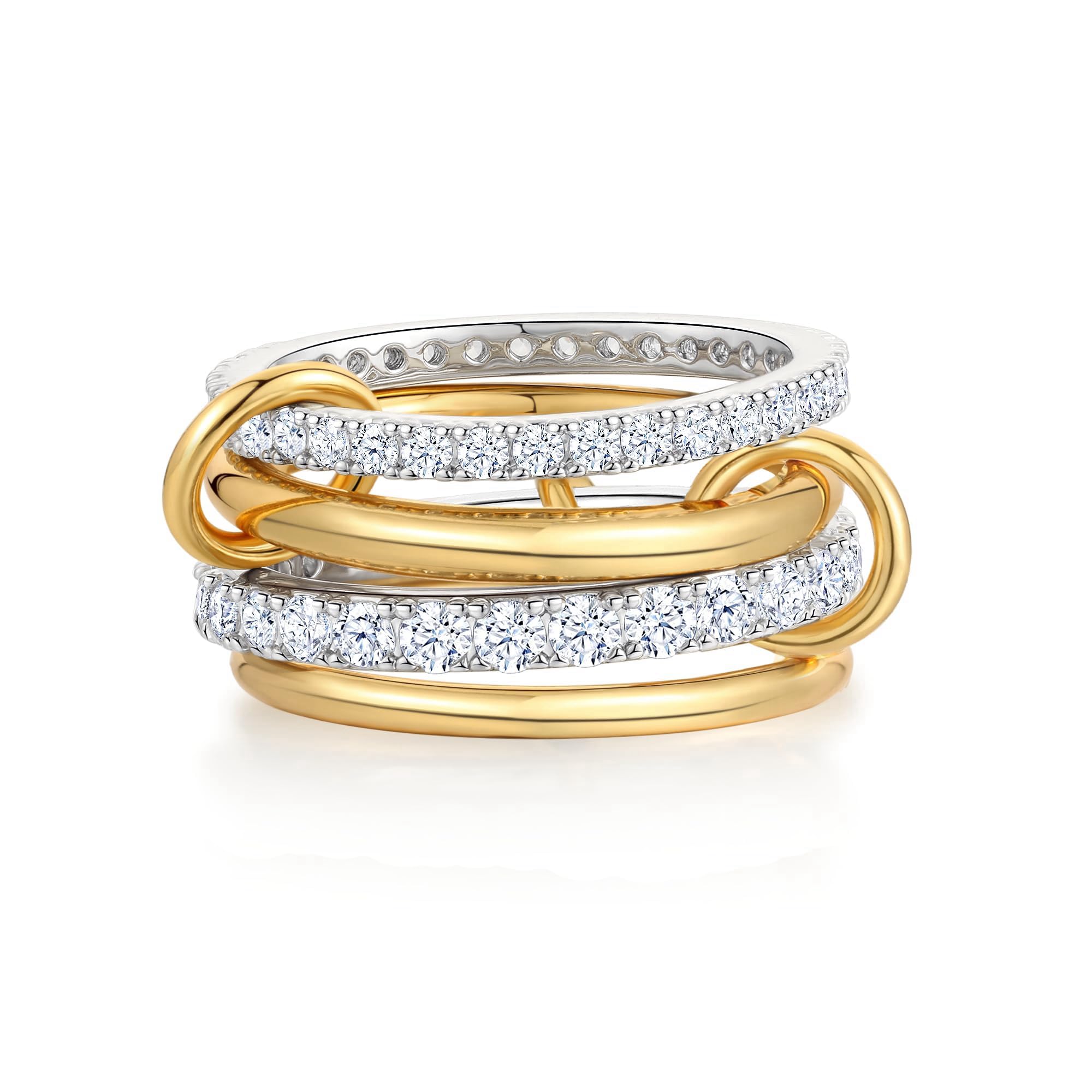 Women's gold and silver stacked ring, crafted from 18K gold-plated and platinum-plated brass. Women's gold and silver stacked ring, crafted from 18K gold-plated and platinum-plated brass.