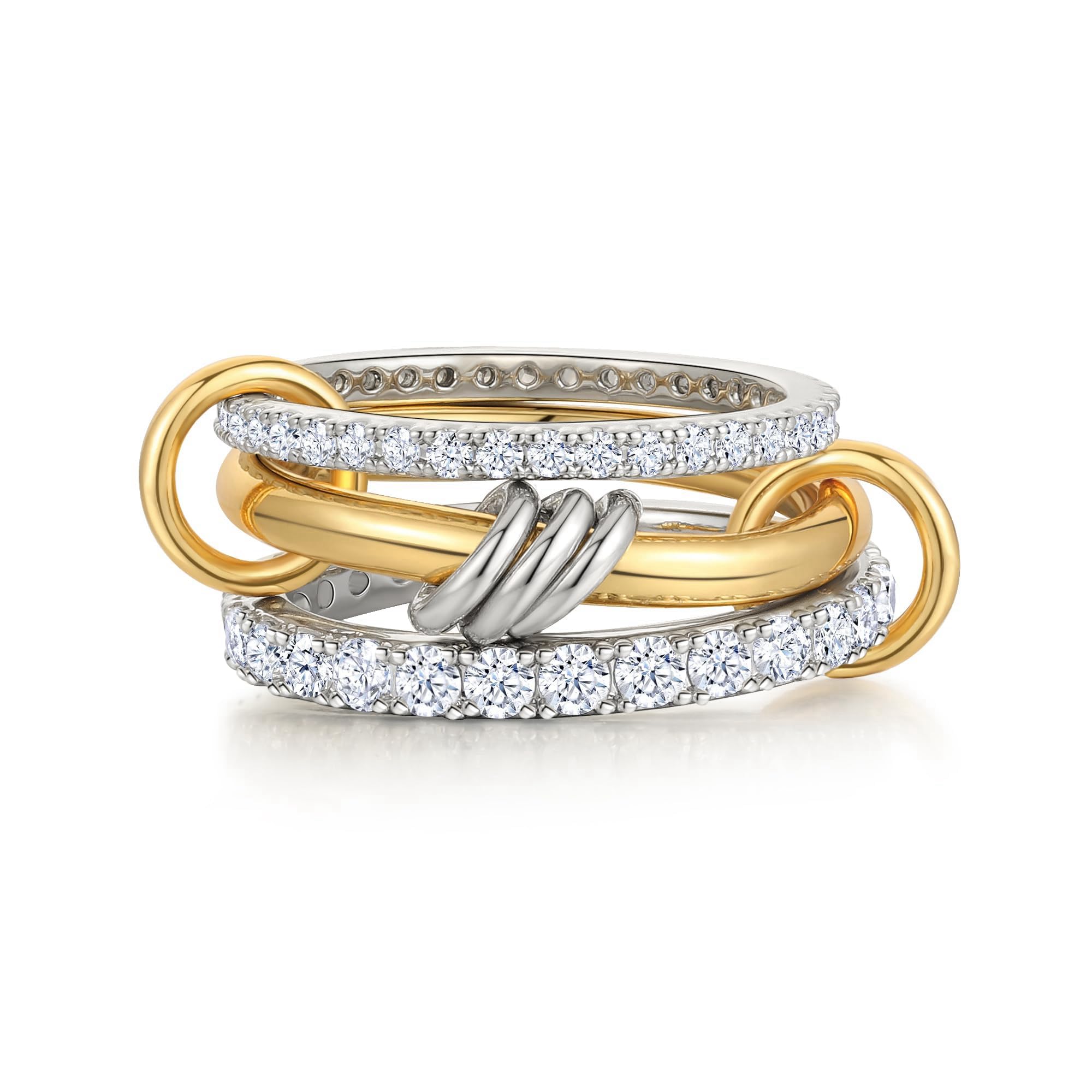 Women's gold and silver stacked ring, crafted from 18K gold-plated and platinum-plated brass. Women's gold and silver stacked ring, crafted from 18K gold-plated and platinum-plated brass.
