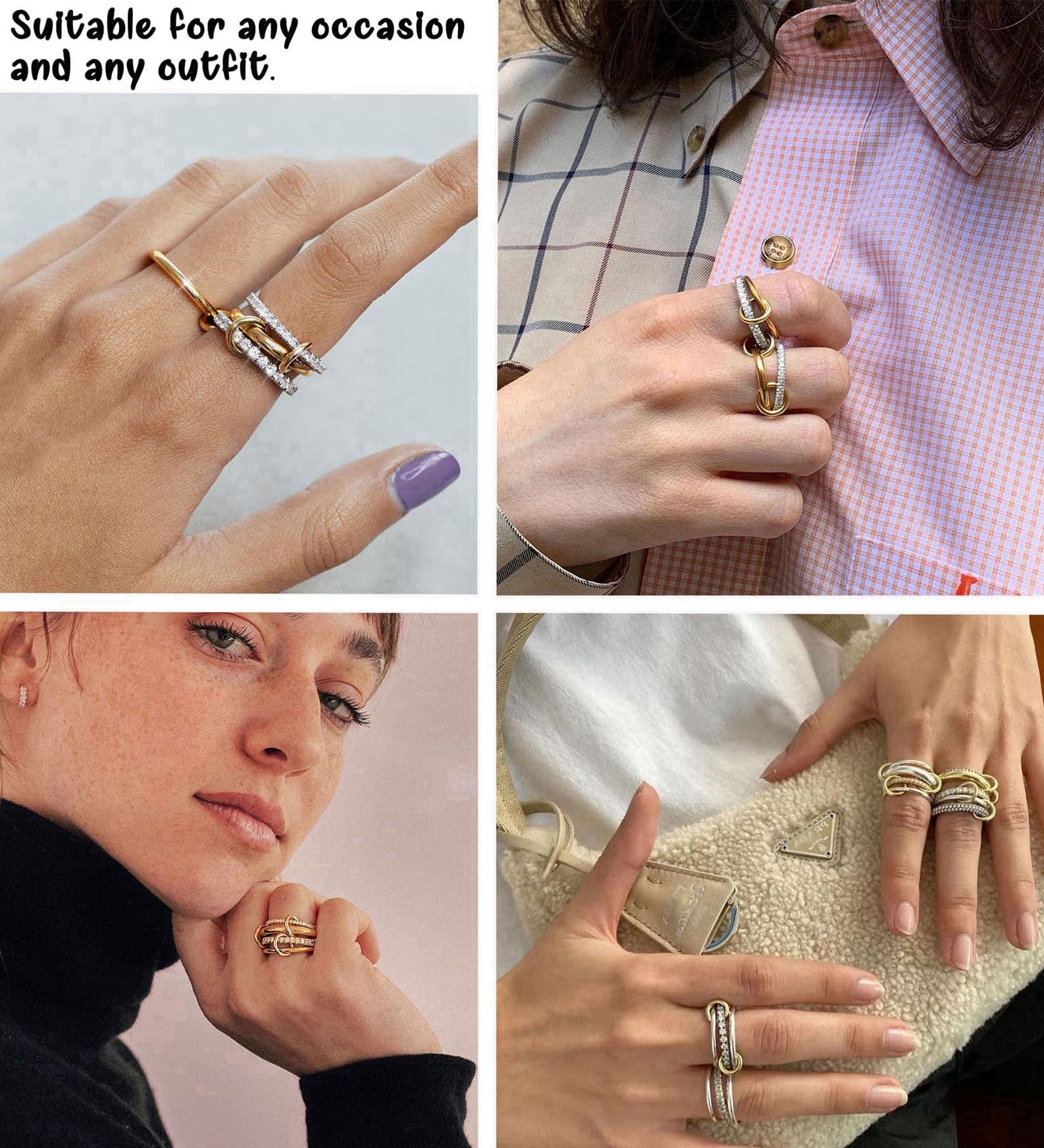 Women's gold and silver stacked ring, crafted from 18K gold-plated and platinum-plated brass.