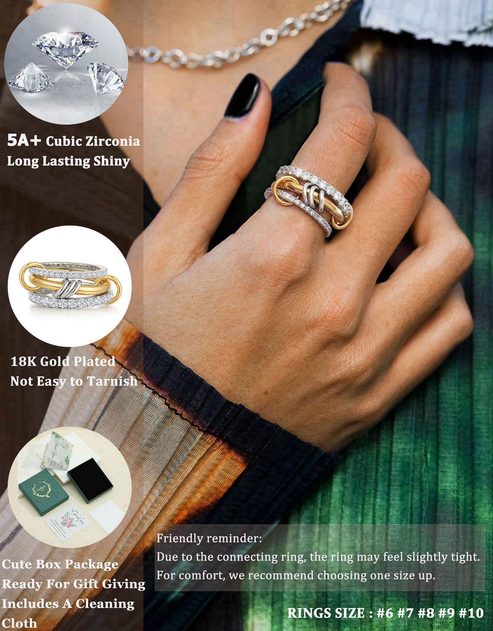 Women's gold and silver stacked ring, crafted from 18K gold-plated and platinum-plated brass.
