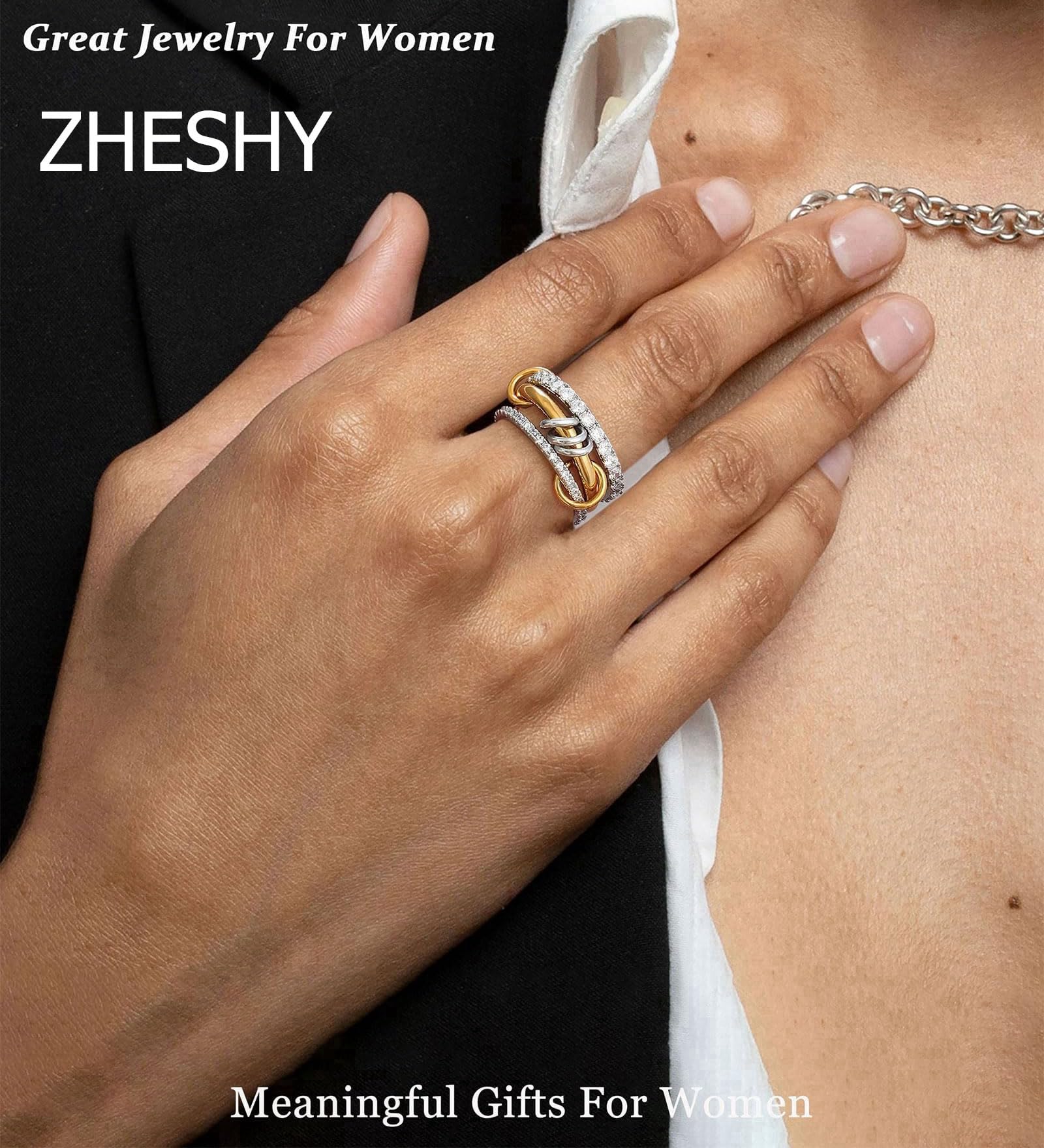 Women's gold and silver stacked ring, crafted from 18K gold-plated and platinum-plated brass.